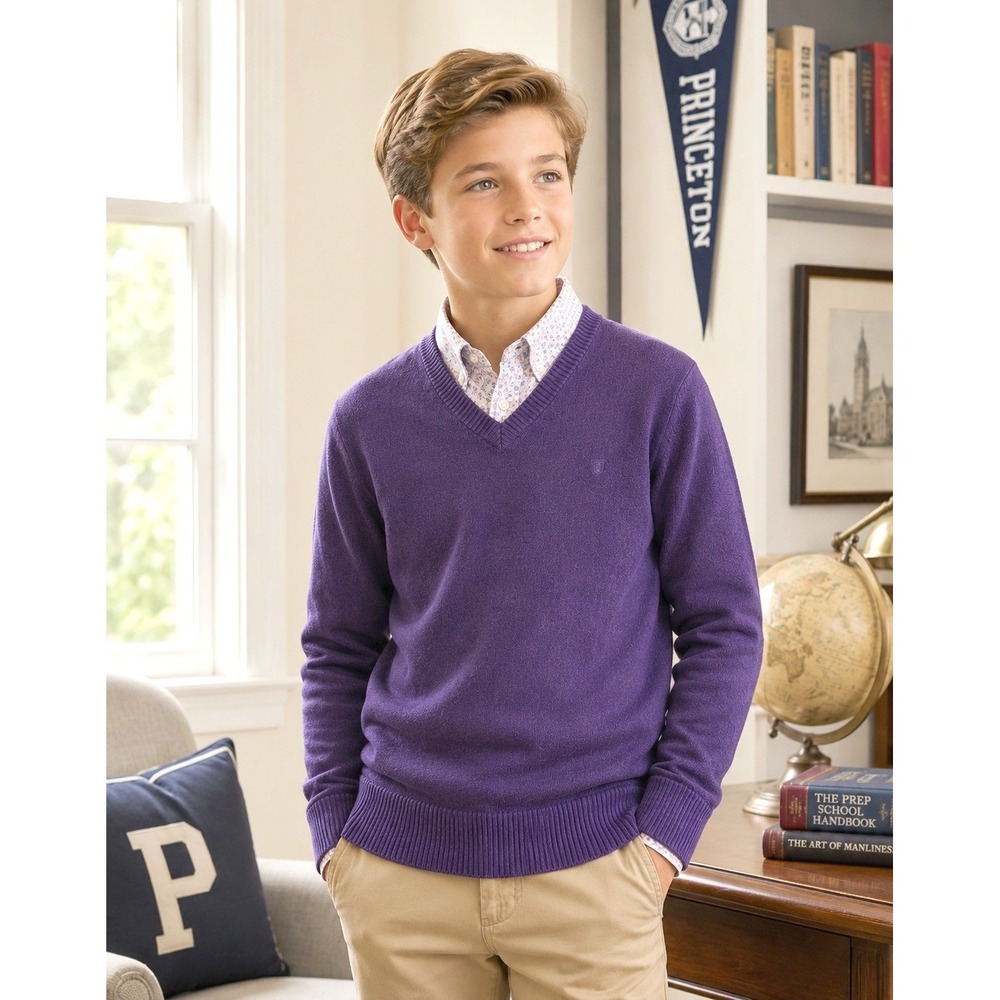 James Pringle Boys L Pure New Wool Purple V Neck Sweater School Preppy Academia